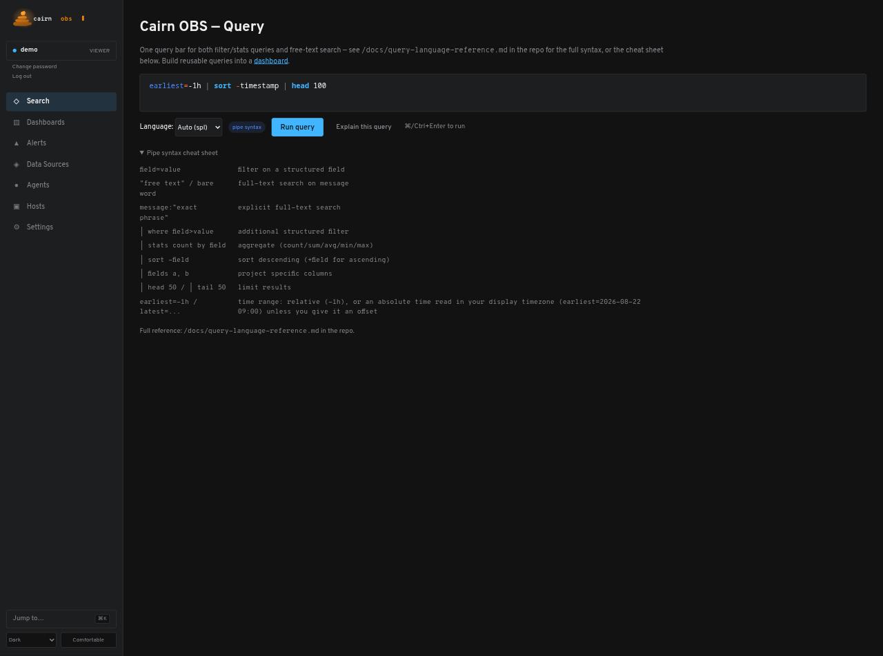 Cairn OBS query page with an empty pipe-syntax query bar and a pipe syntax cheat sheet.